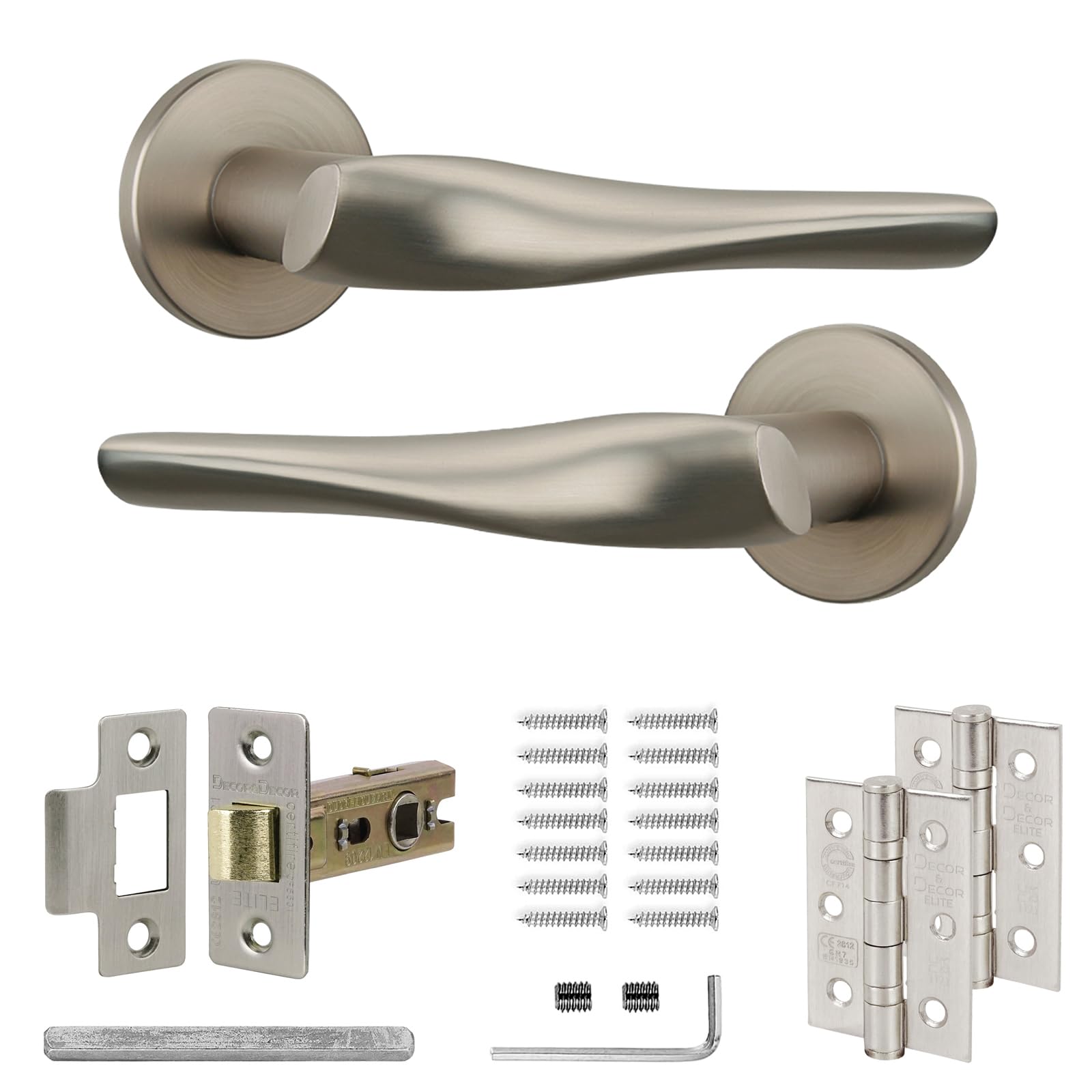 Decoranddecor Satin Nickel Interior Door Handle Set with Fire Rated Tubular Mortice Latch, Aluminum Construction, Nanda Range