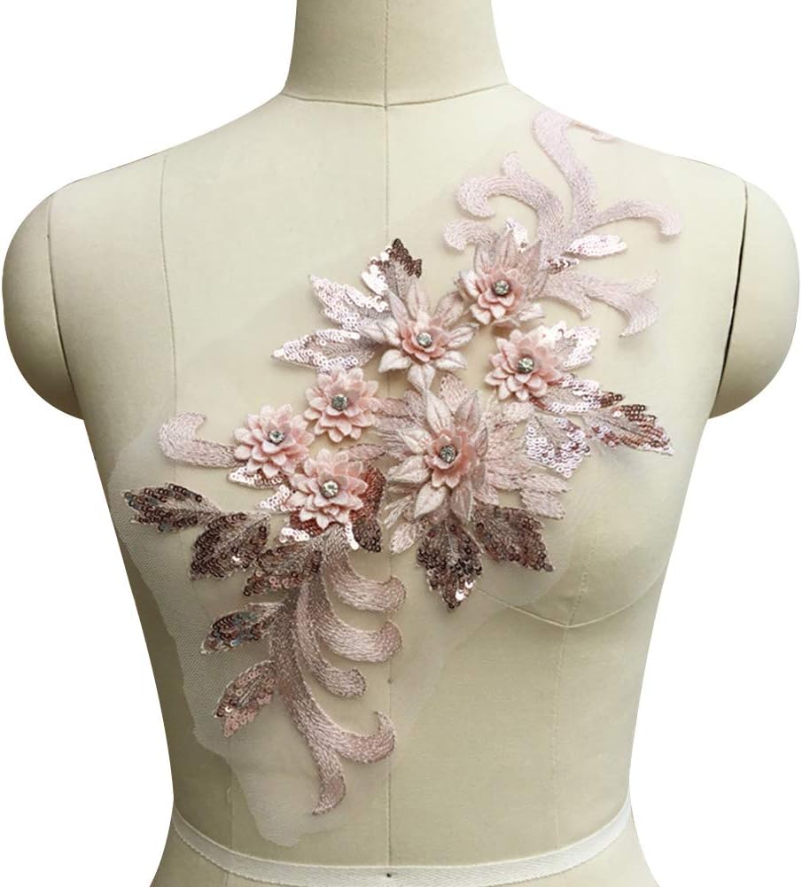 ZHOUBA Flower Sequin Rhinestone Motif Trim Applique Wedding Dress DIY Sewing Embroidery - Pink