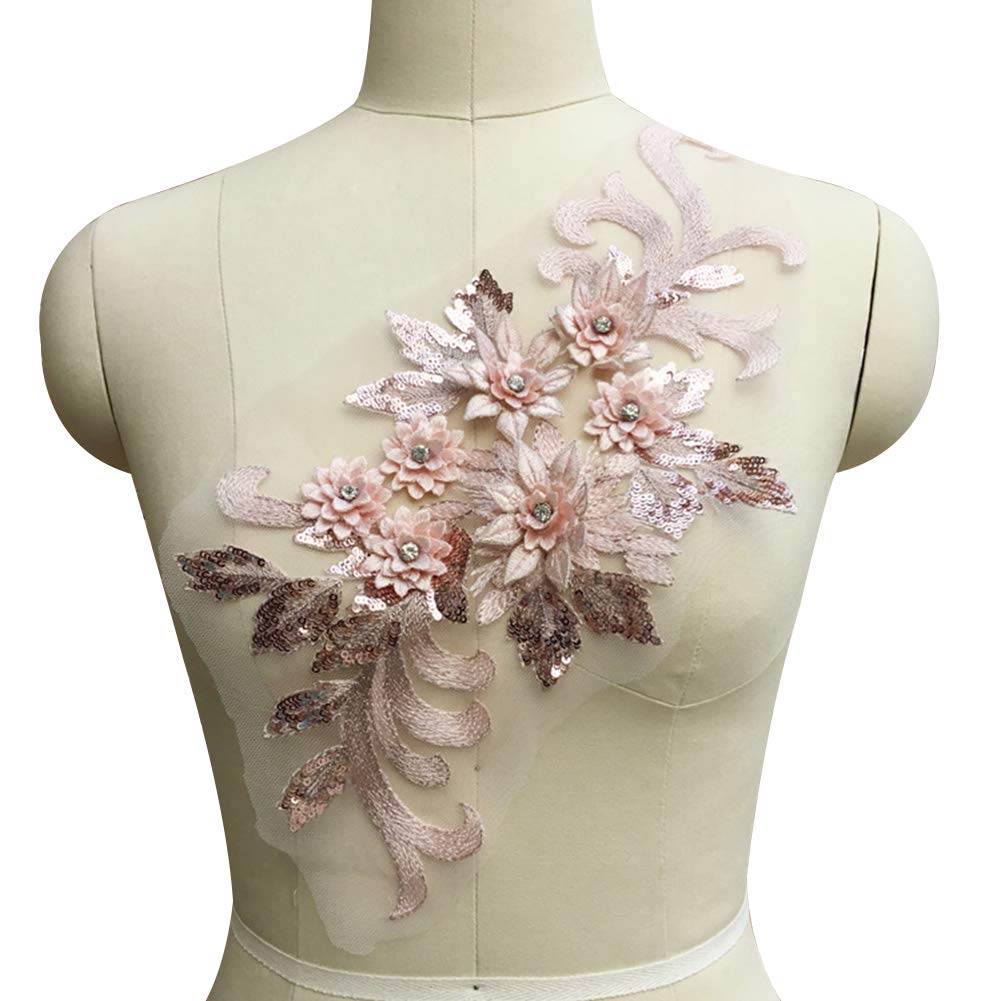 ZHOUBA Flower Sequin Rhinestone Motif Trim Applique Wedding Dress DIY Sewing Embroidery - Pink