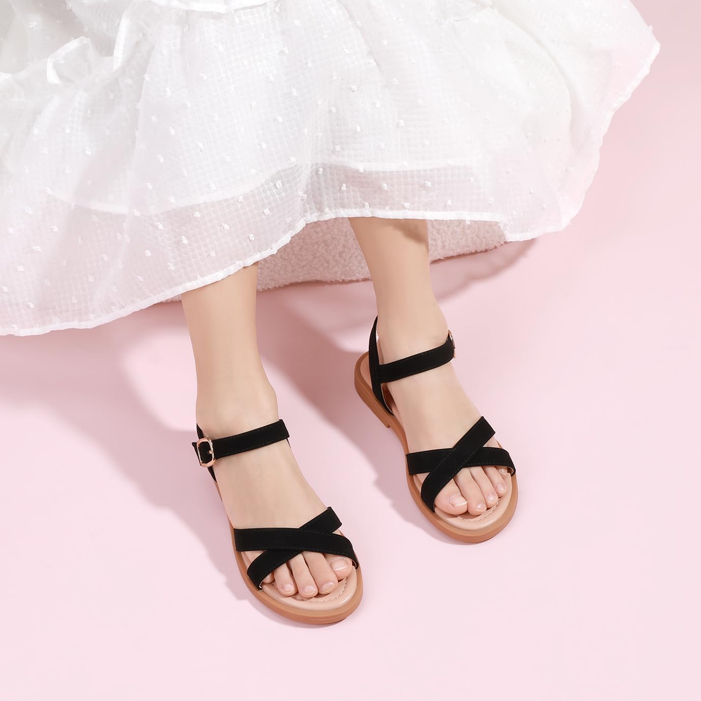 PANDANINJIA Elva Girls Sandals Open Toe Cute Flats Dress Sandals Cross Strappy Summer Shoes Toddler/Little Kid/Big Kid - Image 2