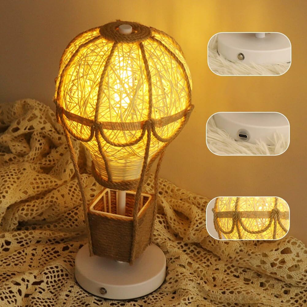 Lampada Tavolo LED Rattan Mongolfiera Touch Dimmerabile Comodino Bambini