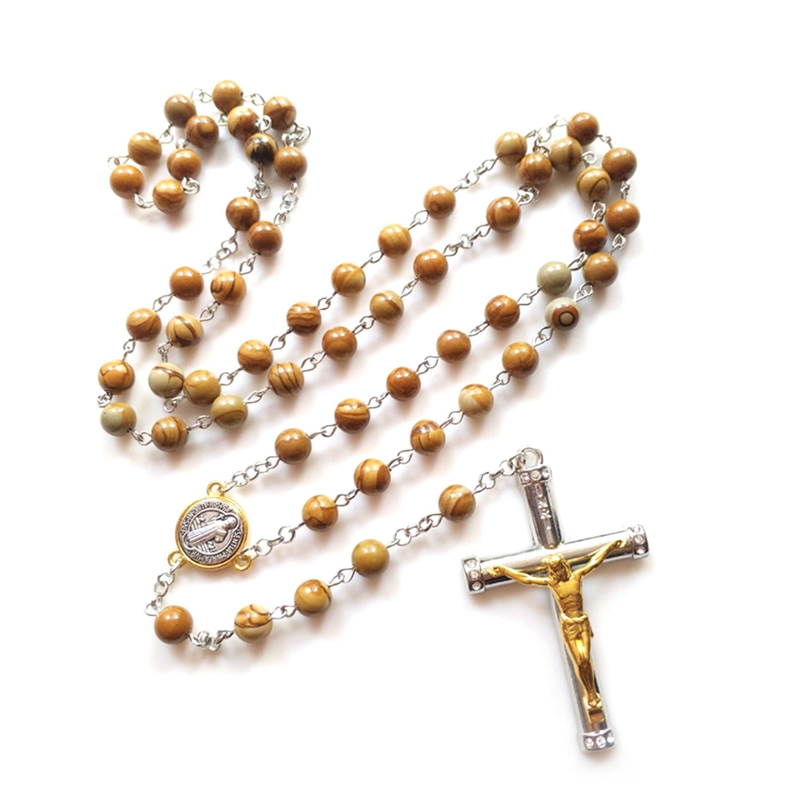 Kalttoy Multicolor Hangable Pendant Wood Grain Stone Cross Rosary Necklace Bead Chain For Christmas Party Decorations Wood Grain Stone Necklace