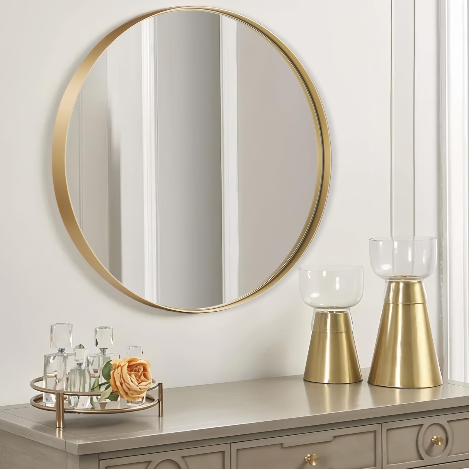 24 Inch Circle Mirror, Gold Round Bathroom Mirror for Wall, Metal Frame Wall Mirror, Brushed Vanity Mirror for Bathroom, Bedrooms, Entryways, Living Rooms, Vanity, Hallway