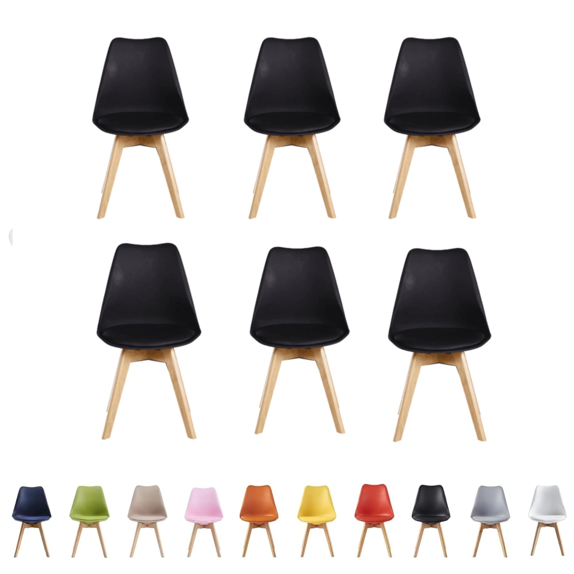 Single Set of 2/4/6 Retro Modern Dining Chairs – Lorenzo Plastic Chairs with Cushioned Pad Seat & Solid Beech Wooden Legs - Side Chair for Living Room Kitchen Office Lounge (Royal Blue, Pack of 6)