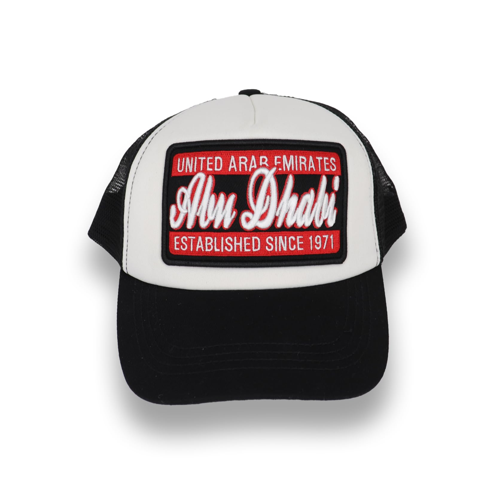 Abudhabi Established Since 1971 Trucker Cap - Premium Mesh Baseball Hat with Embroidered Patch and Adjustable Snapback