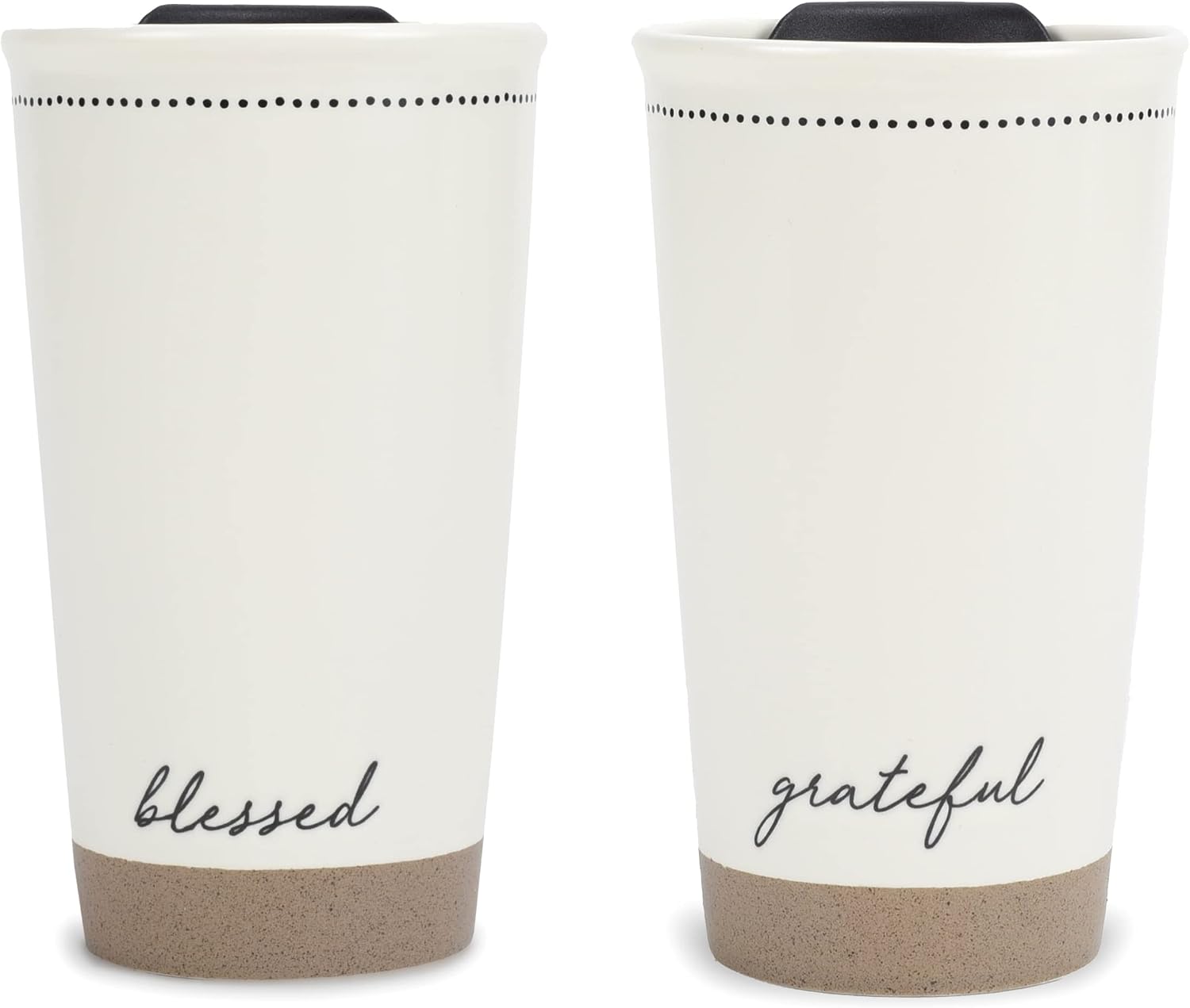 Lighthouse Christian Products Pin Dot Classic White 12 ounce Ceramic Travel Tumbler Mugs Blessed & Grateful, Set of 2