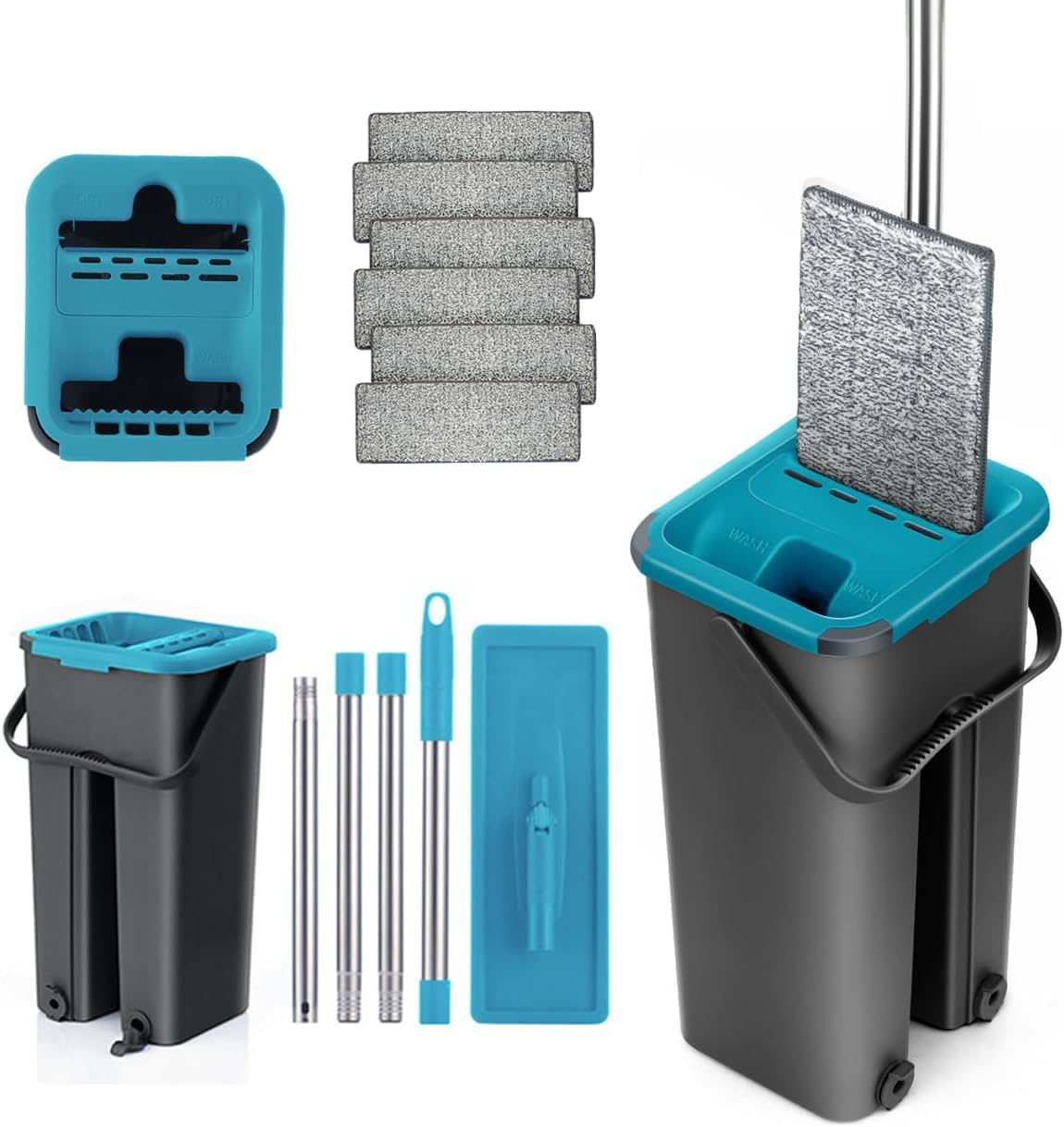 Mopa para Limpiar Azulejos y Paredes Mopa Fregona con Cubo Escurridor Fregona Autoescurrible Mopas de Limpieza Suelos Cepillo Esfregona 6 Almohadillas Microfibra Limpiador y Atrapapolvo Mop (Azul)