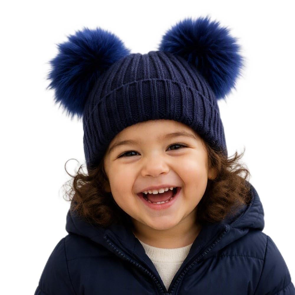 Cappello Cuffia Bambino Blu Navy 2 PON PON Vera Pelliccia 1-3/4 Anni Berretto Misto Lana Luxury Blue