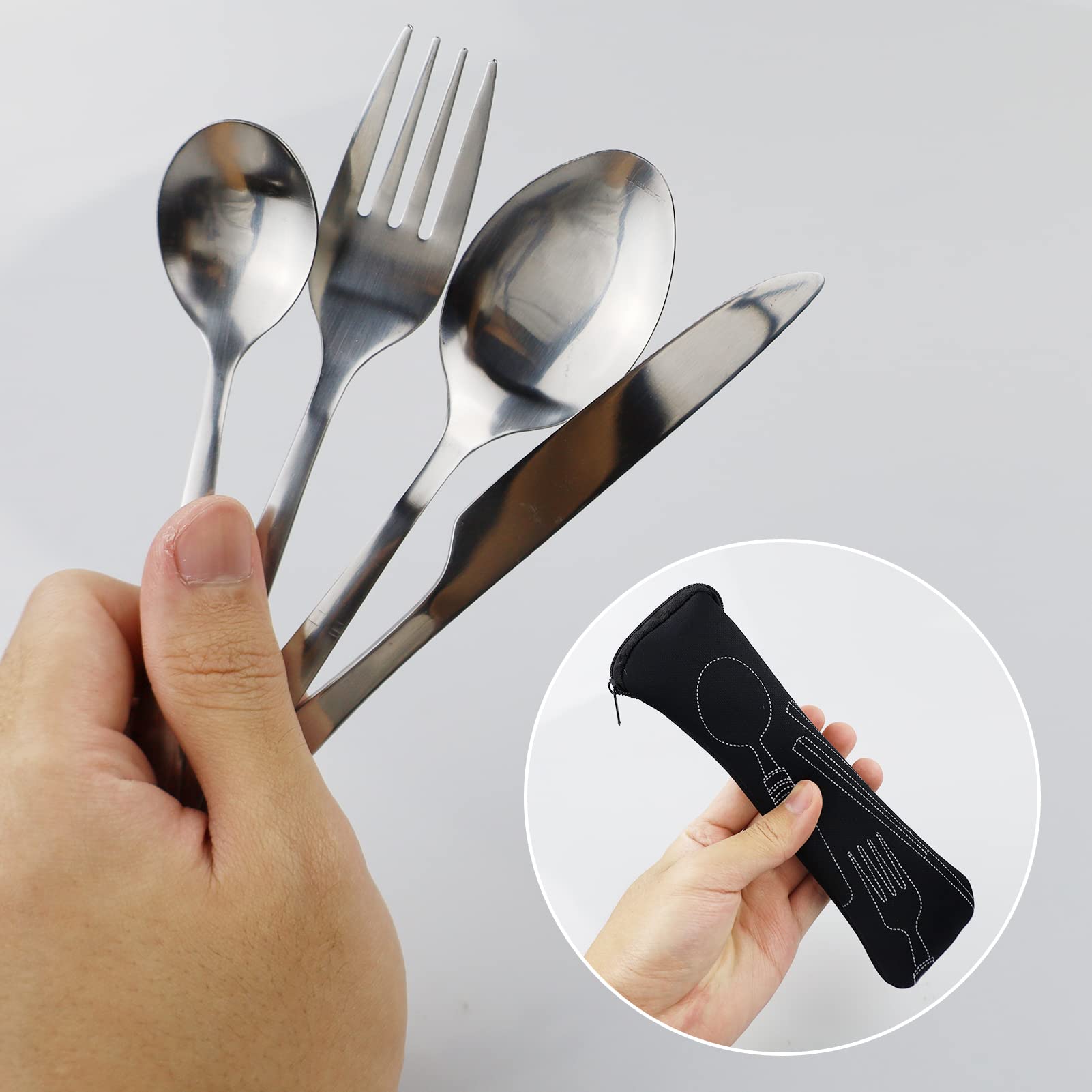 Set Posate Da Viaggio In Acciaio Inox 5 Pezzi Con Custodia – Forchetta, Coltello, Cucchiaio E Apribottiglie, Per Picnic E Campeggio - 3
