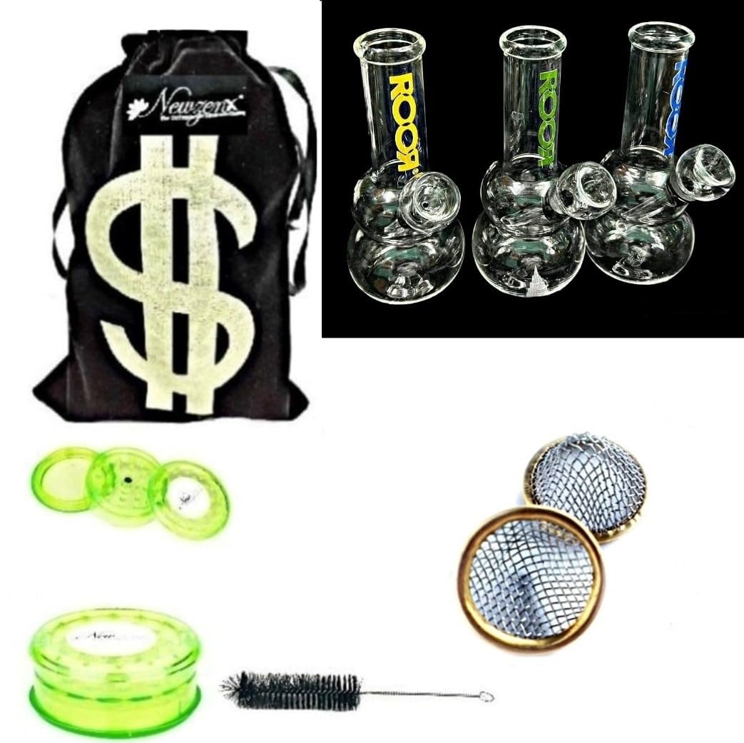 Glass Mini ROOR Bong 5 Inch Water Pipe Bong Incl. Fancy Velvet Pouch & Full Accessories