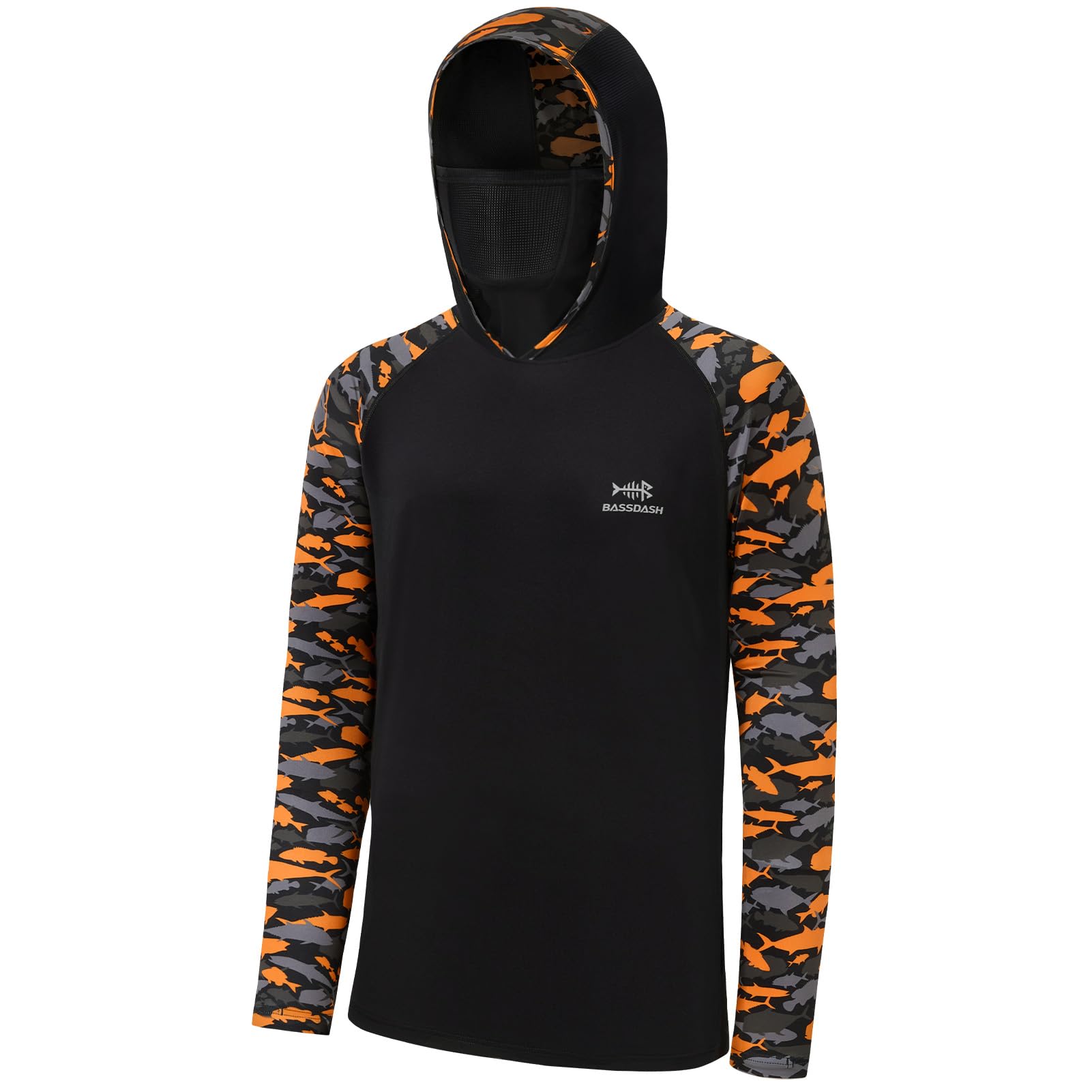 BASSDASH Men's UPF 50+ Camo Hoodie Shirt with Mask Long Sleeve Sun Protection Neck Gaiter Hooded Tee for Fishing Hiking
