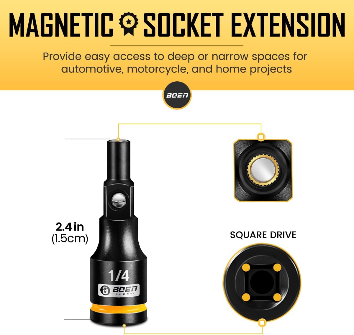 BOEN Magnetic Socket Extension, 1/4" Drive Magnetic Socket Adapters for Keep Bolts, CR-MO Steel Extension Bars with Magnetic Tips - Image 2