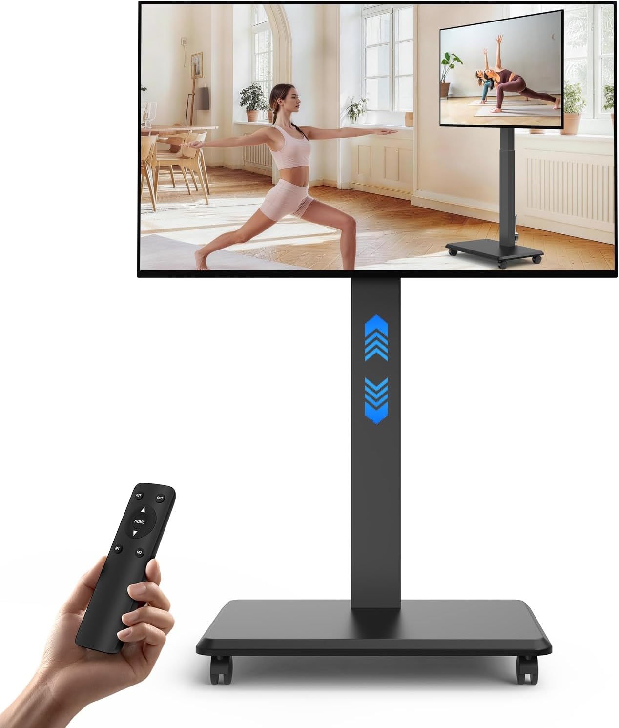 Motorized Mobile TV Stand on Wheels for 32-75 Inch TVs up to 176 lbs, Electric Height Adjustable Rolling TV Cart, Heavy Duty Portable Rolling TV Stand, Smart Remote with Memory Presets, Black