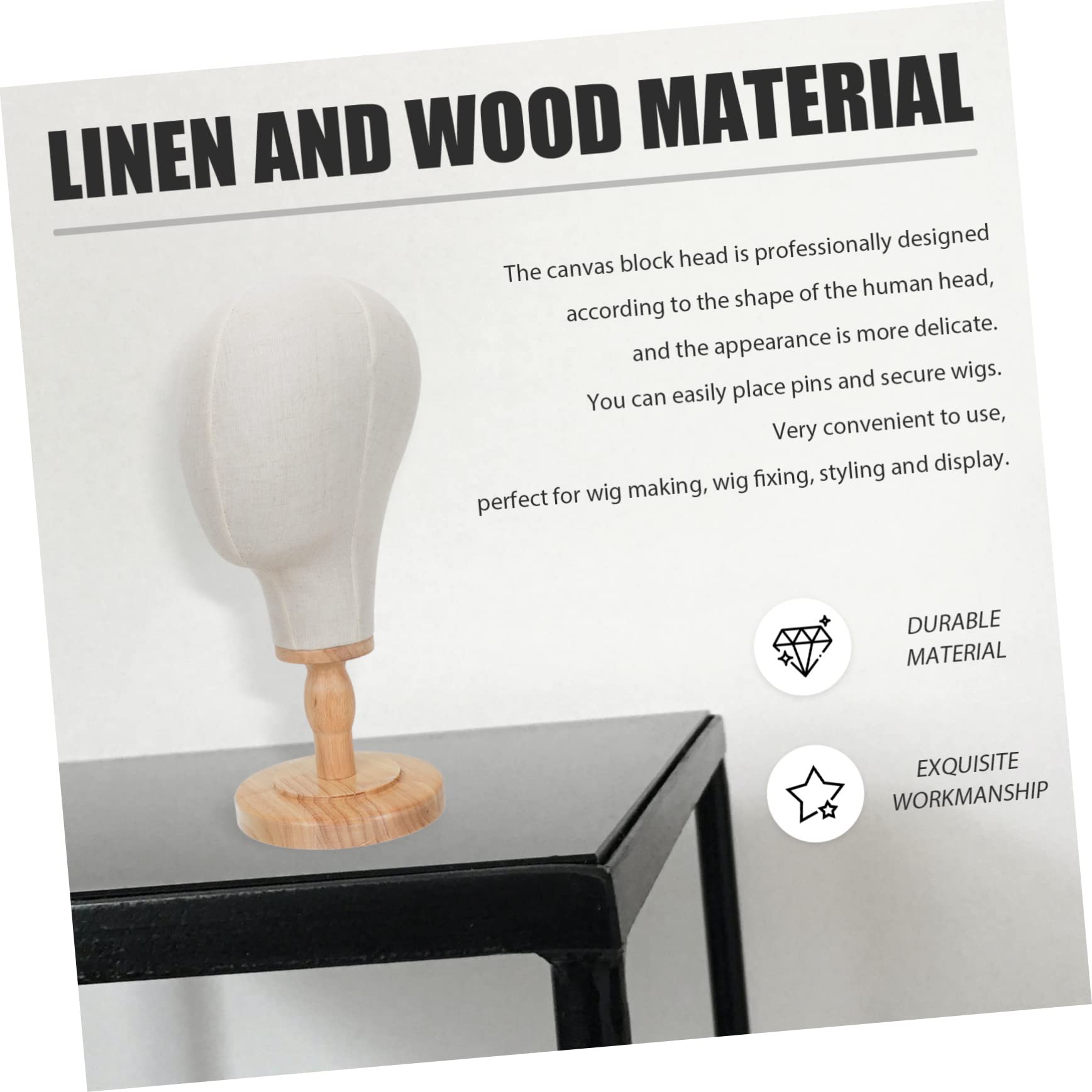 ULTECHNOVO Mannequin de Tête en Lin Support Postiche, Surface Lisse et Socle en Bois pour Usage Quotidien et Présentation de Bonnets et Lunettes