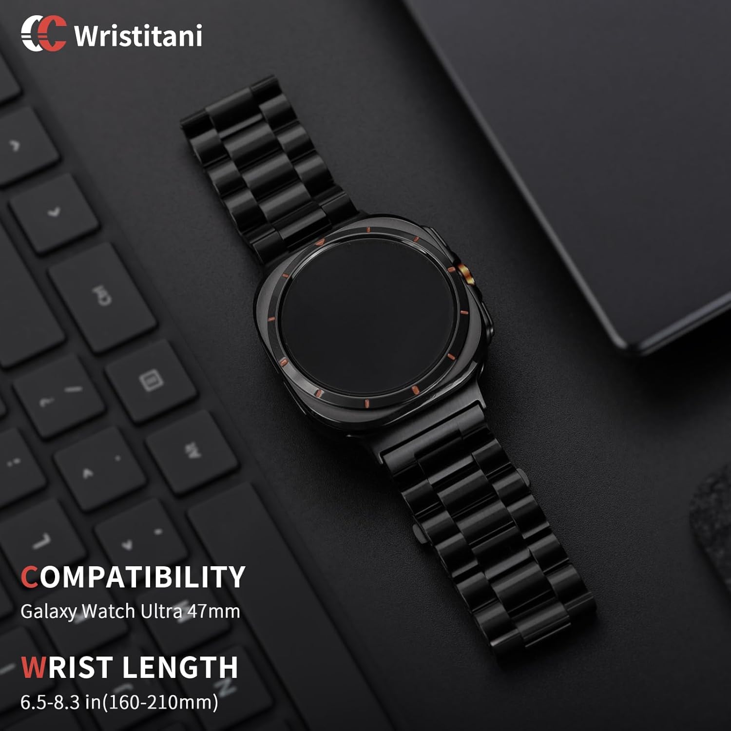 Wristitani Metal Band Compatible with Samsung Galaxy Watch Bands Ultra/7/6/5/4 40mm 44mm 47mm, Solid Metal Stainless Steel Strap For Men Women Present, Black Silver