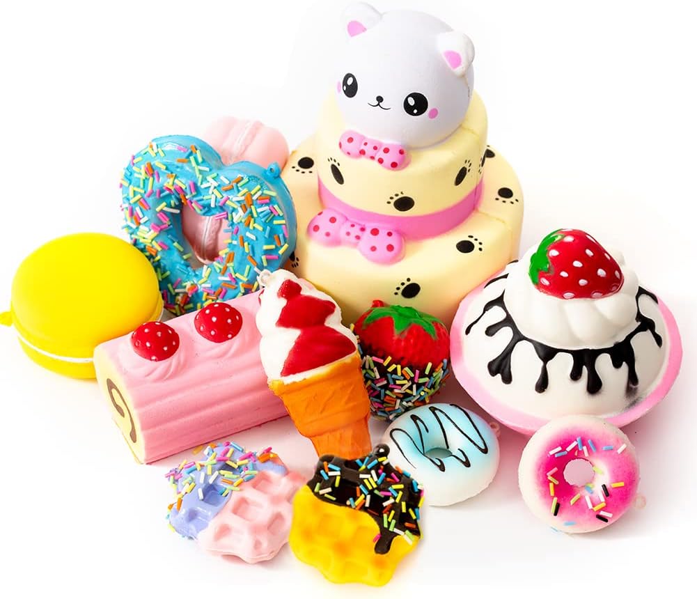 SYYISA Jumbo Squishies Slow Rising [12-Pack]: Bear Cake, Ice Cream, Donut, Macaron, Strawberry Cake, and Waffles Kawaii Soft Food Squishy Toys - Squishys are Great Sensory Toys for Kids! Comes in Mix