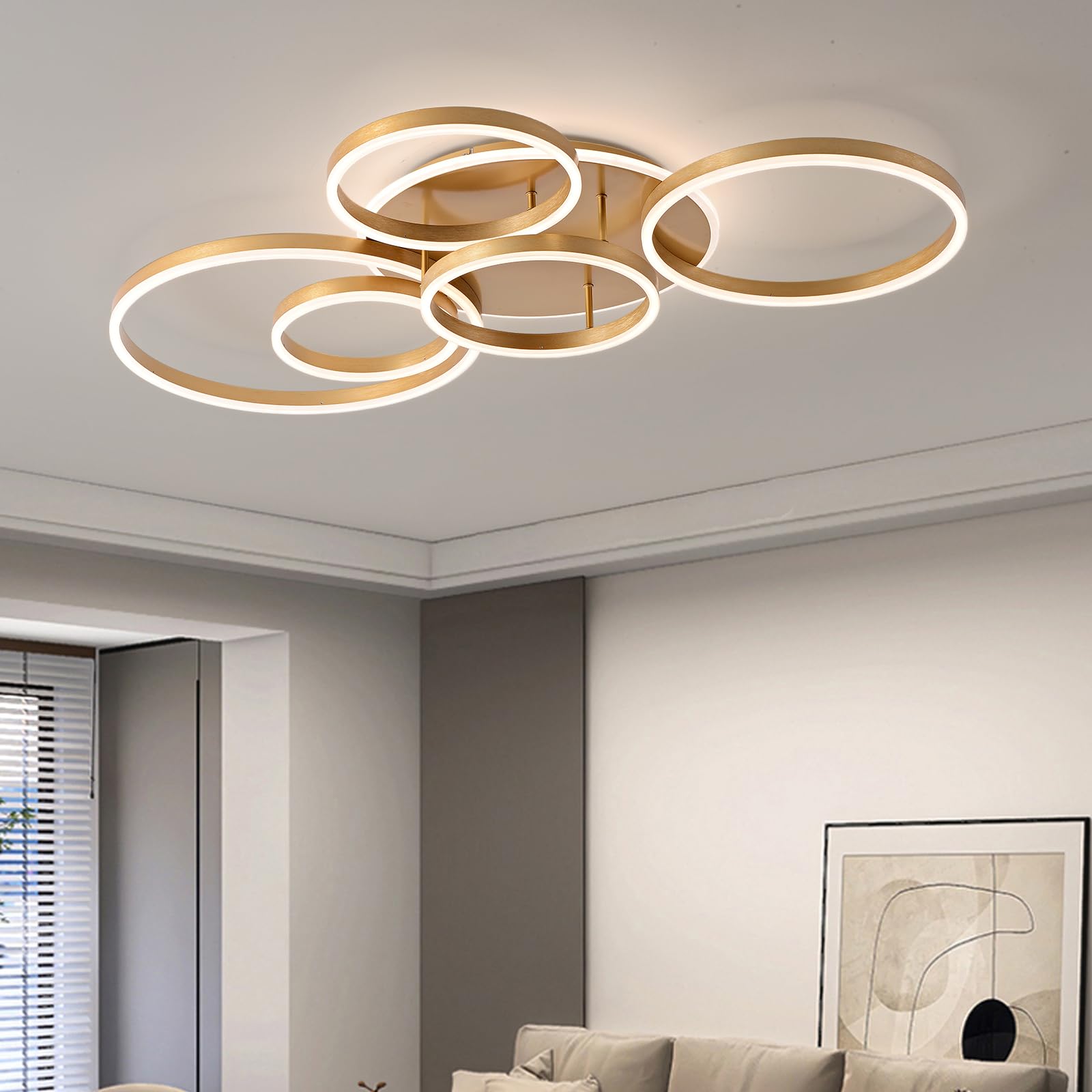 Dimmable Led Ceiling Light,116Cm Flush Mount 108W 6400Lm Ceiling Lights Fixture with Remote Control,6 Rings Chandelier for Living Room Bedroom Dinning Room,3000-6000K,Gold [Energy Class F]
