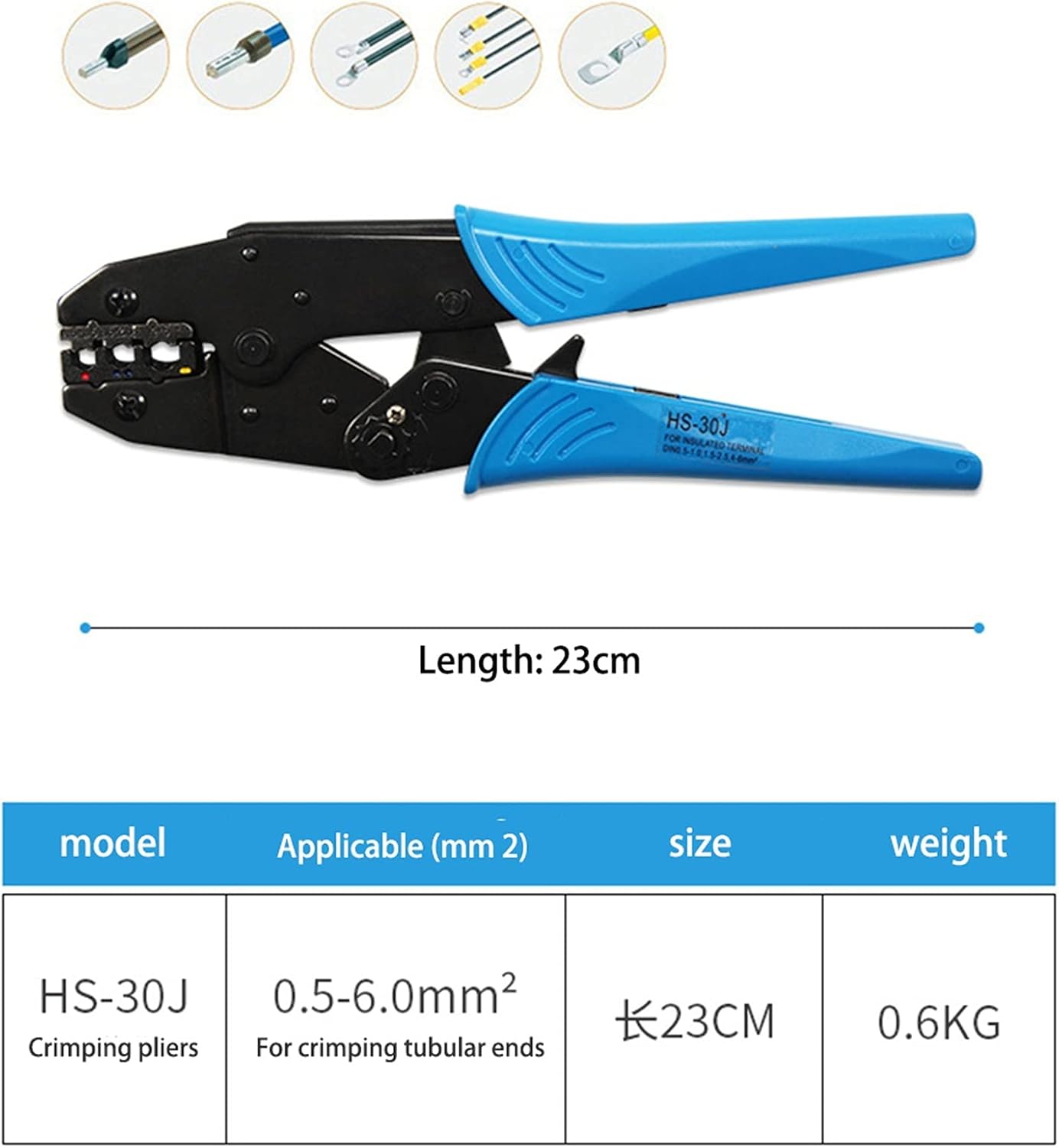 Hydraulic Crimping Tools 1pcs HS-30J 9" Crimping Plier 0.5-6mm2 Insulated Terminals Ratchet Wire Connector Clamp Pliers Jaw Set Electrican Tools Kit Drilling Machine (Color : Blue) (Blue) image 4