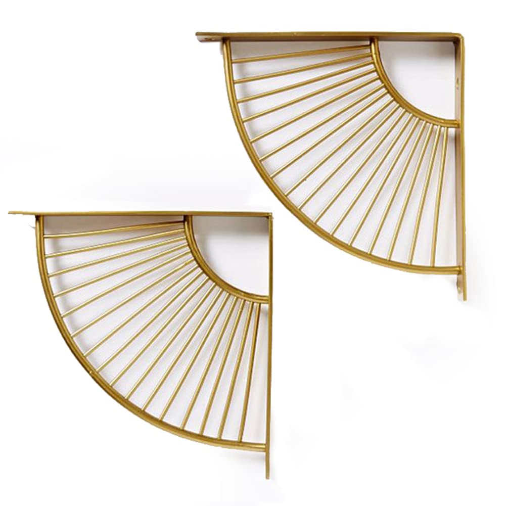 luzen 2Pcs Fan Shaped Metal Shelf Brackets Wall Mounting Modern Decorative Shelving Bracket Floating Shelves Bracket Shelf Support Bracket with Screws Hardware for Home Office, Gold