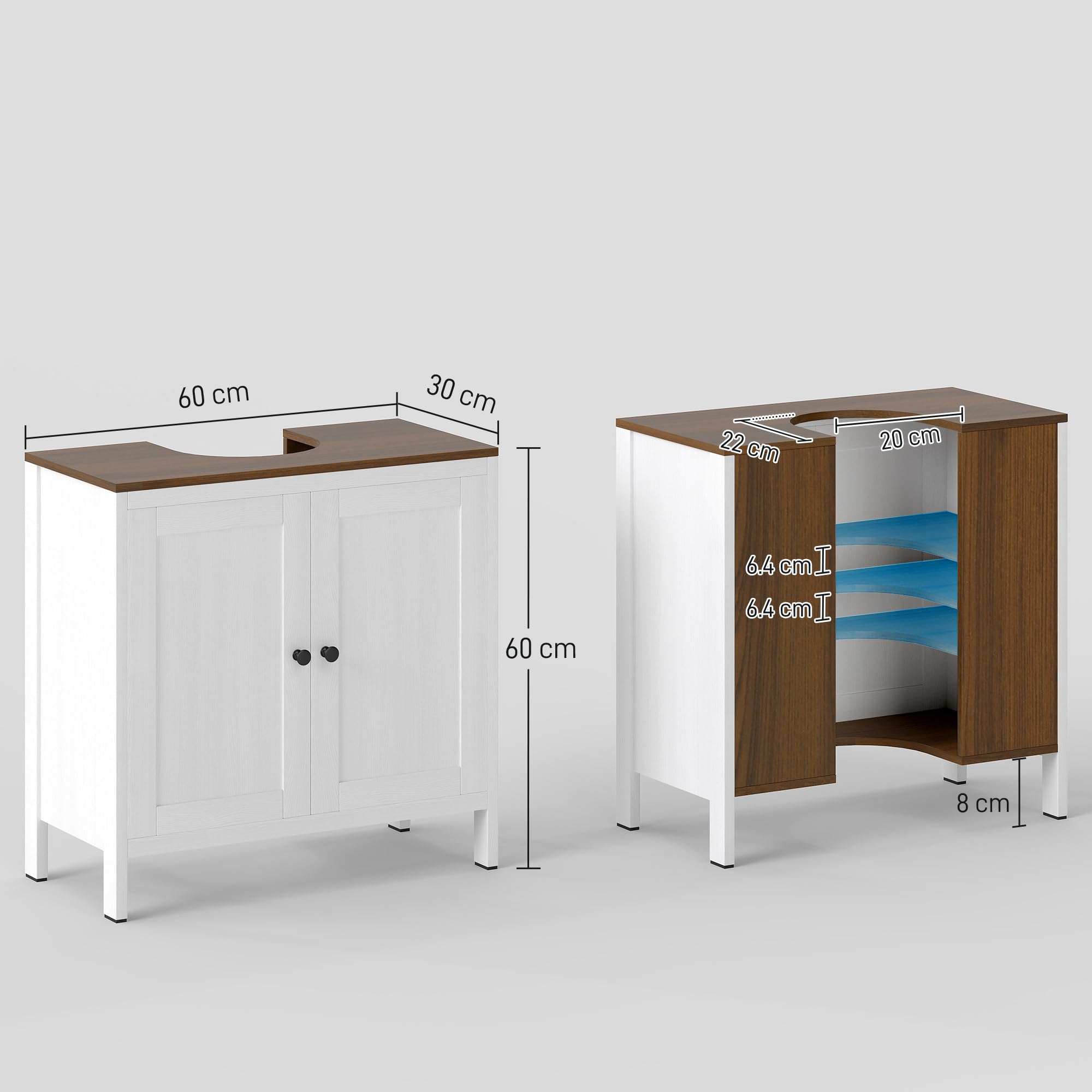 kleankin Mobile Sotto Lavabo Bagno a U con Ripiano Interno Regolabile e 2 Ante, Mobiletto Bagno in Truciolato, per Lavabi con o senza Colonna, 60x30x60 cm, Bianco e color Noce