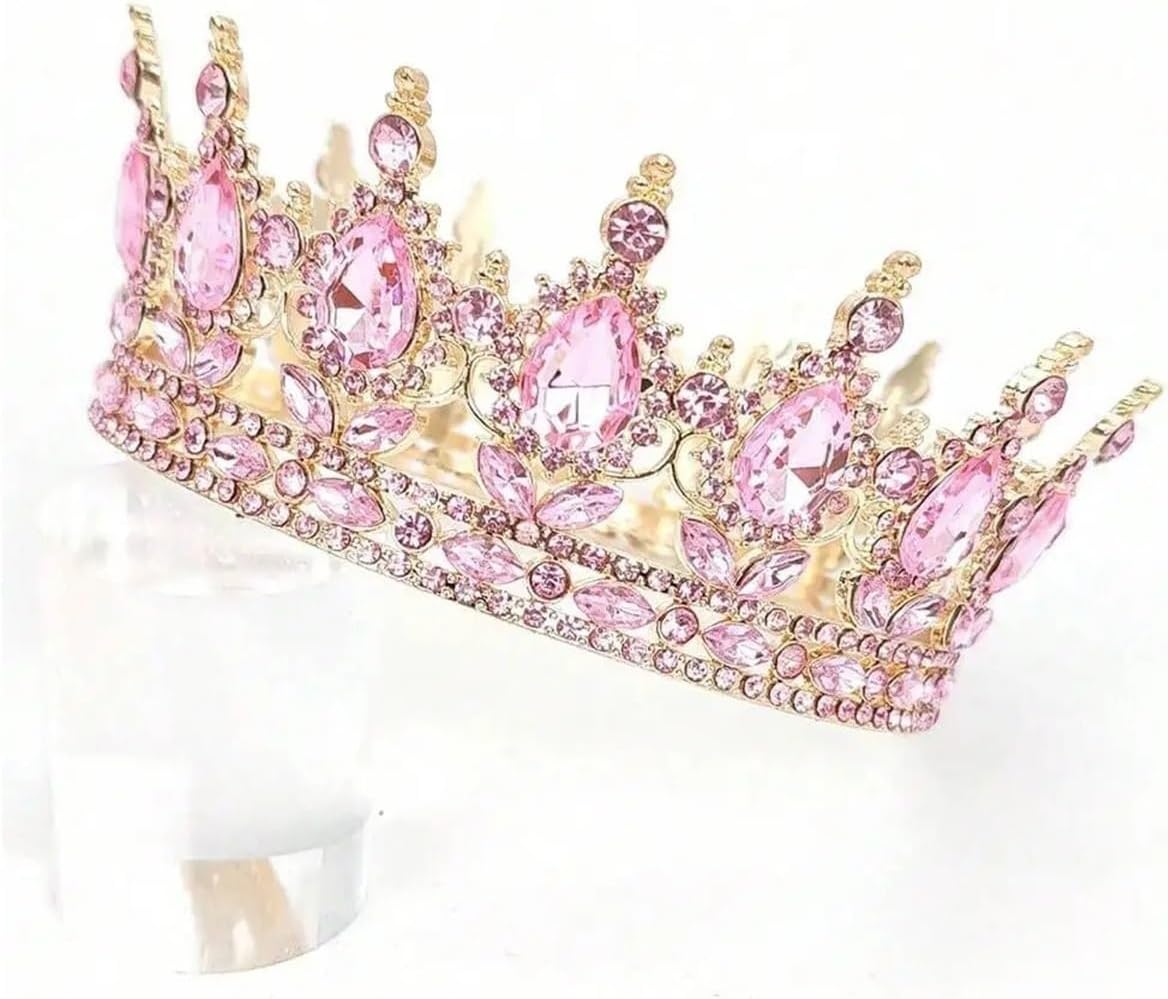 Gold Pink Silvery Crown Cake Topper Set - Happy Birthday Cake Decorations with Balls & Golden Butterfly for Weddings(Pink)