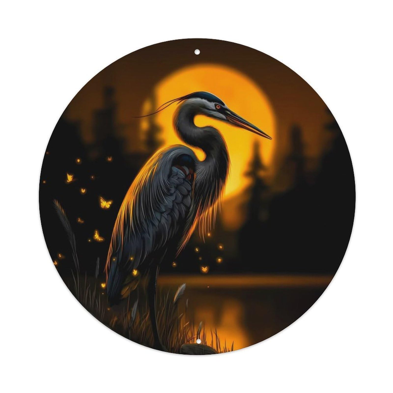 Animal Great Blue Heron Moonlit Lake Glow Fireflies Nature Landscape Vintage Metal Tin Sign Plaque Wall Decor for Cafe, Club Bar, Office, Garden Metal Poster 8x8Inch
