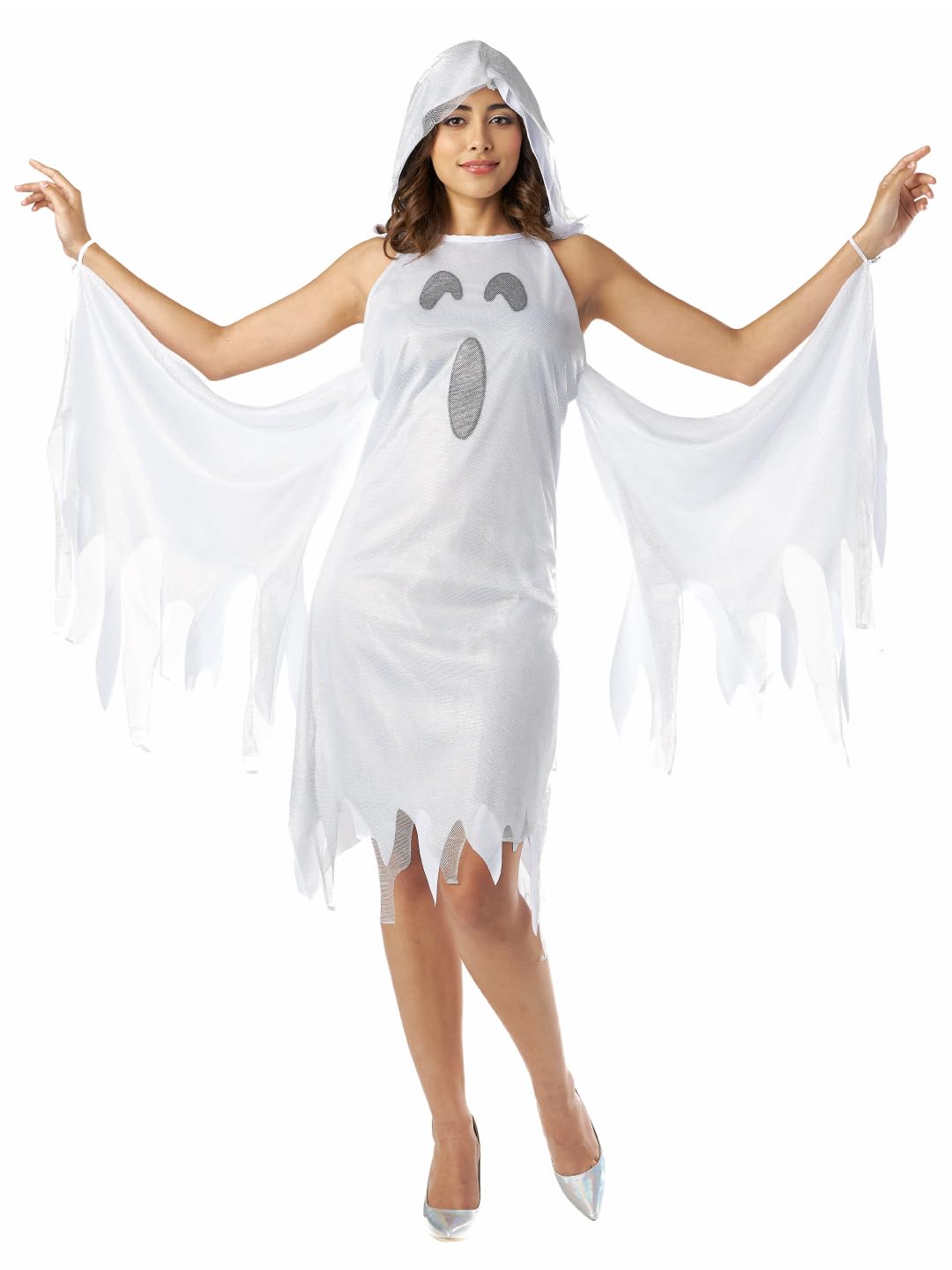 Seasons Shimmer Ghost Costume For Adult, White Hooded Halloween Dress With Black Light Effect