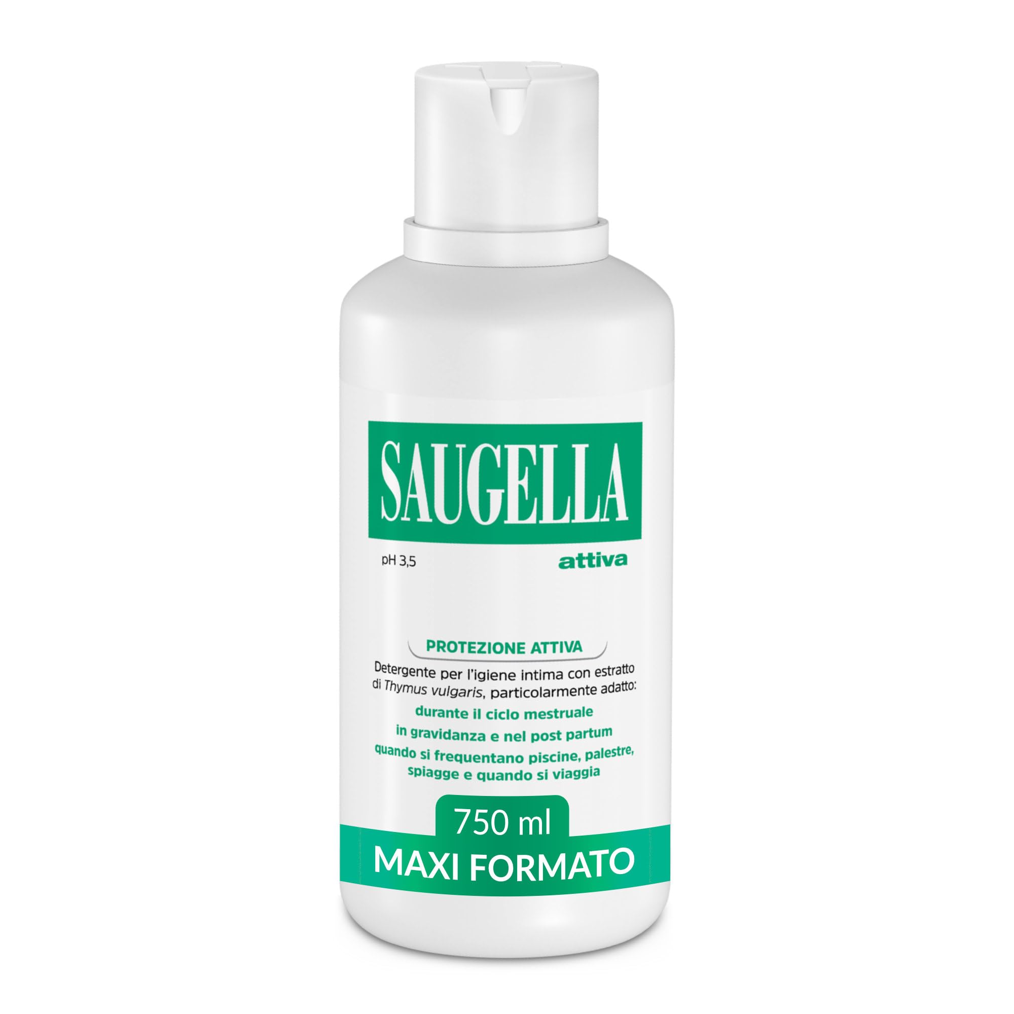 Saugella Attiva, Detergente Intimo Antibatterico, pH 3.5, con Estratto di Timo, Adatto Post Parto, in Gravidanza e Durante il Ciclo Mestruale, 750 ml
