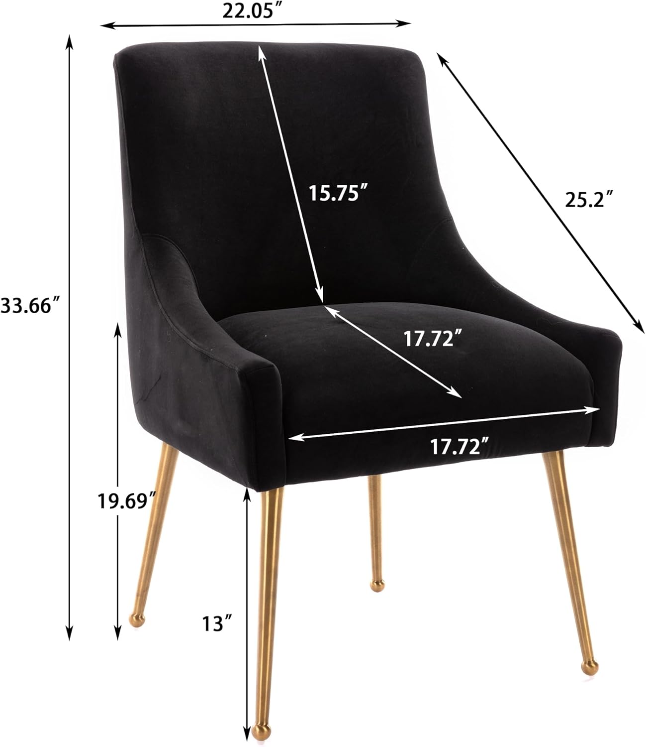 Clihome Velvet Dining Chairs Set of 2 with Gold Legs, Upholstered Kitchen Chairs Armless Accent Chair with Back and Gold Pull Trim for Kitchen Dining Room, Black