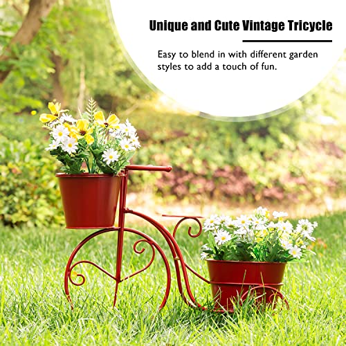 Glitzhome Hand Painted Metal Tricycle Plant Stand Standing Planter Flower Holder Indoor Outdoor Home Garden Patio Decor Red,21.5" L #TOP1
