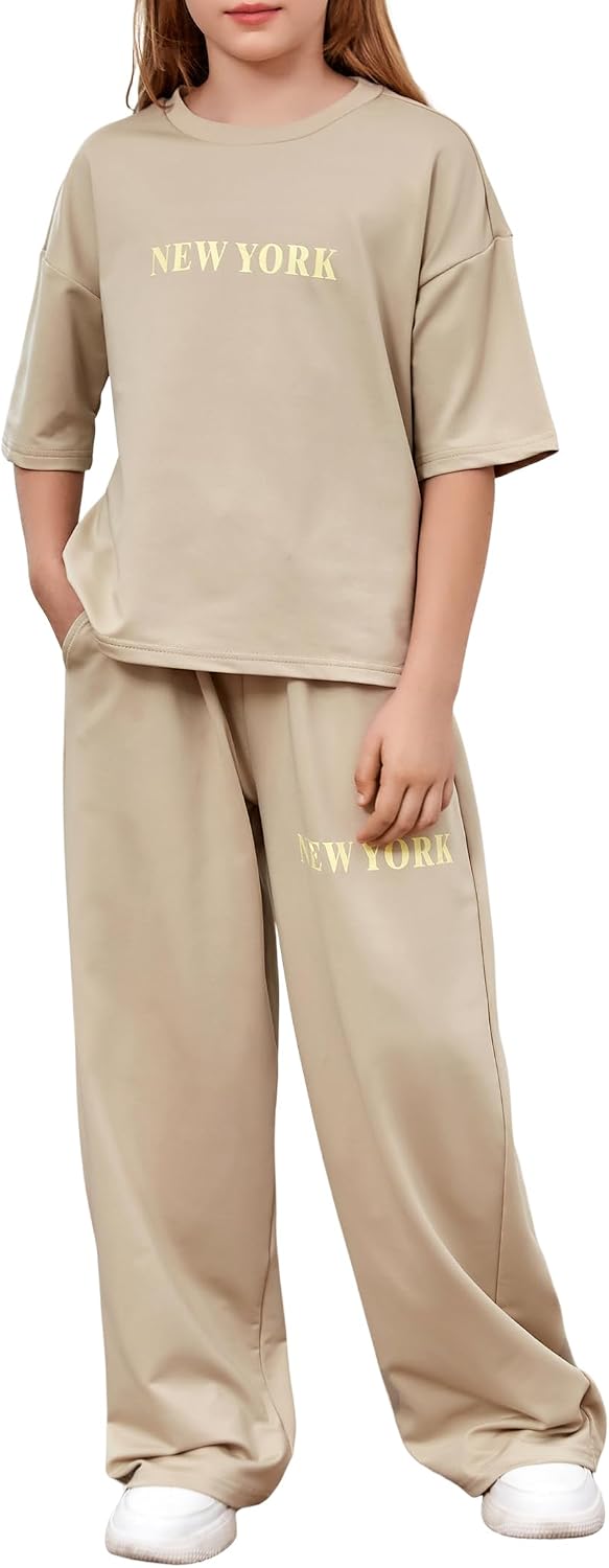 Girls 2 Piece Outfits Fashion Tracksuits 3/4 Sleeve Sweatshirts and Loose Casual Pants with Pockets Sets