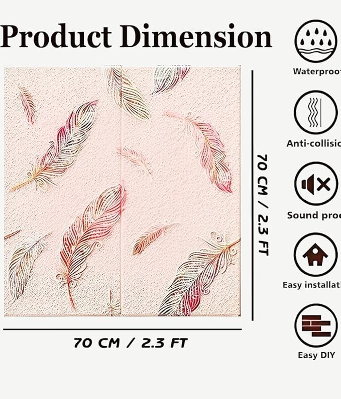 STL Self Adhesive Feather Print PE Foam 3D Wall Stickers/DIY Wallpaper Ideal for Home, Hotel, Living Room, Bedroom & Café Wall Décor - 70cmX70cm (Pink, Pack of 5) 1