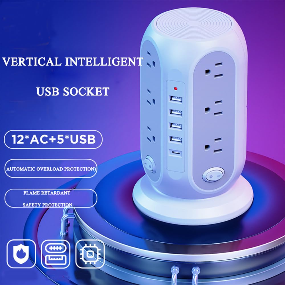 Tower-VerläNgerungskabel Mit Usb-Buchse, Mehrfachstecker-VerläNgerungsturm Mit Schalter, 5 Usb-AnschlüSse, 12 Steckdosen FüR Zuhause Und BüRo (16 * 12 * 12 Cm),Black