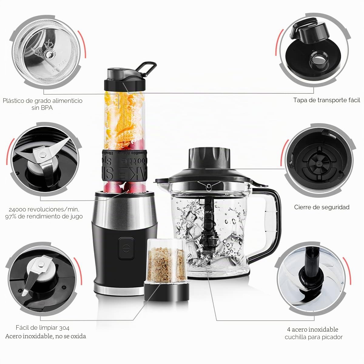 Batidora de Vaso, 700W Portátil Batidora Smoothie, Molinillo de Café, Picadora Eléctrica 3 en 1, Incluye 570ml Botellas, 300ml, 1200ml Botellas, Mini Licuadora para Zumos y Batidos, sin BPA