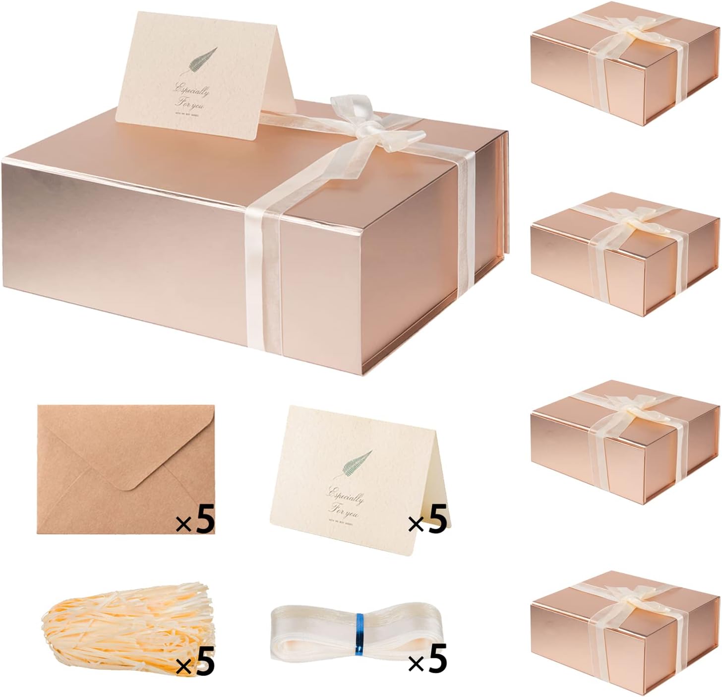 LIFELUM 5 Pack Gift Boxes 13.85 x 8.35 x 4.45 inch Large Gift Boxes with Magnetic Lids Rose Gold Contains Card,Sticker,Ribbon, Shredded Paper Filler for Graduation Weeding Gifts