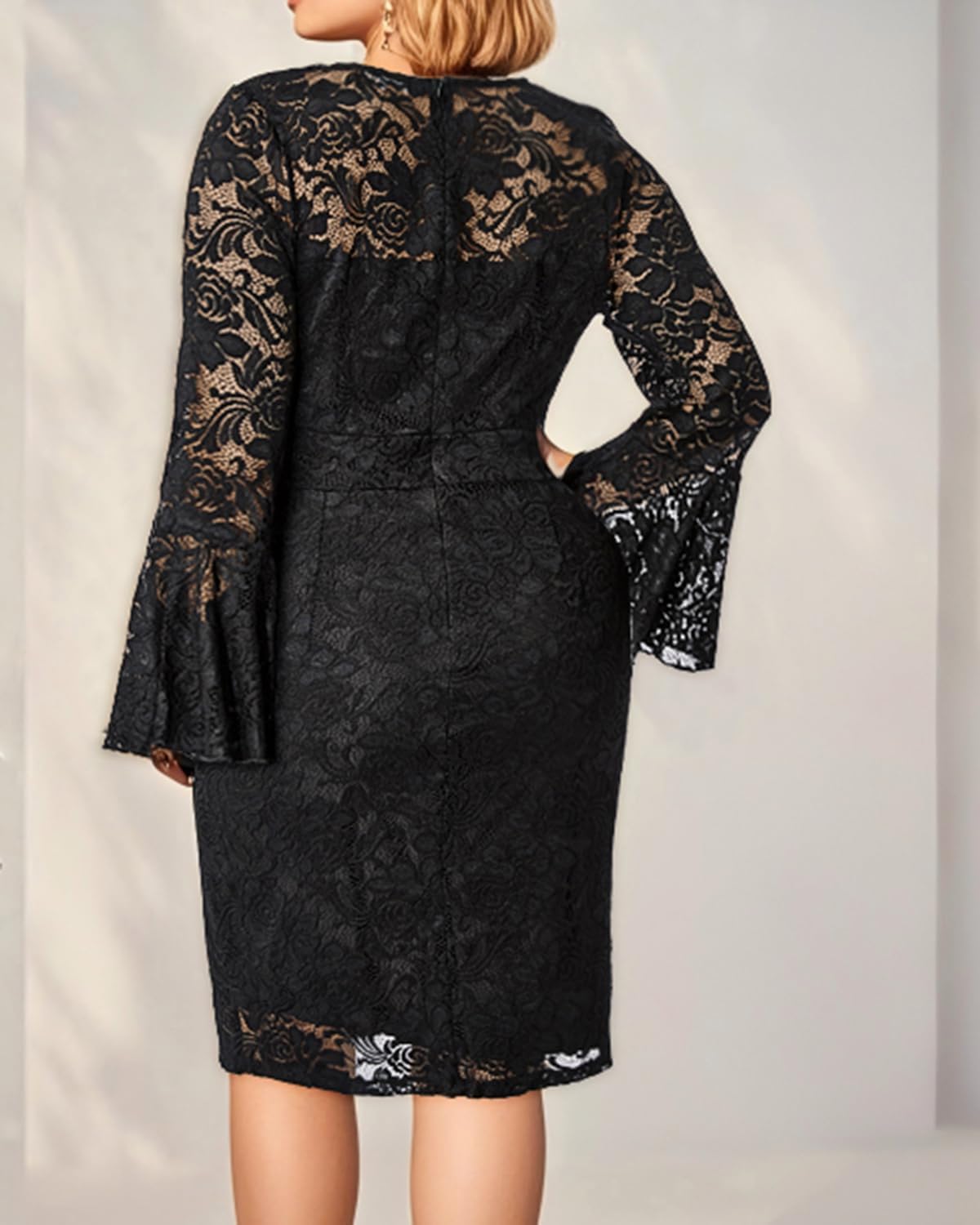 Holipick Women's Plus Size Lace Bell Sleeve Dress Wedding Guest Cocktail Party Elegant Dresses - Image 4