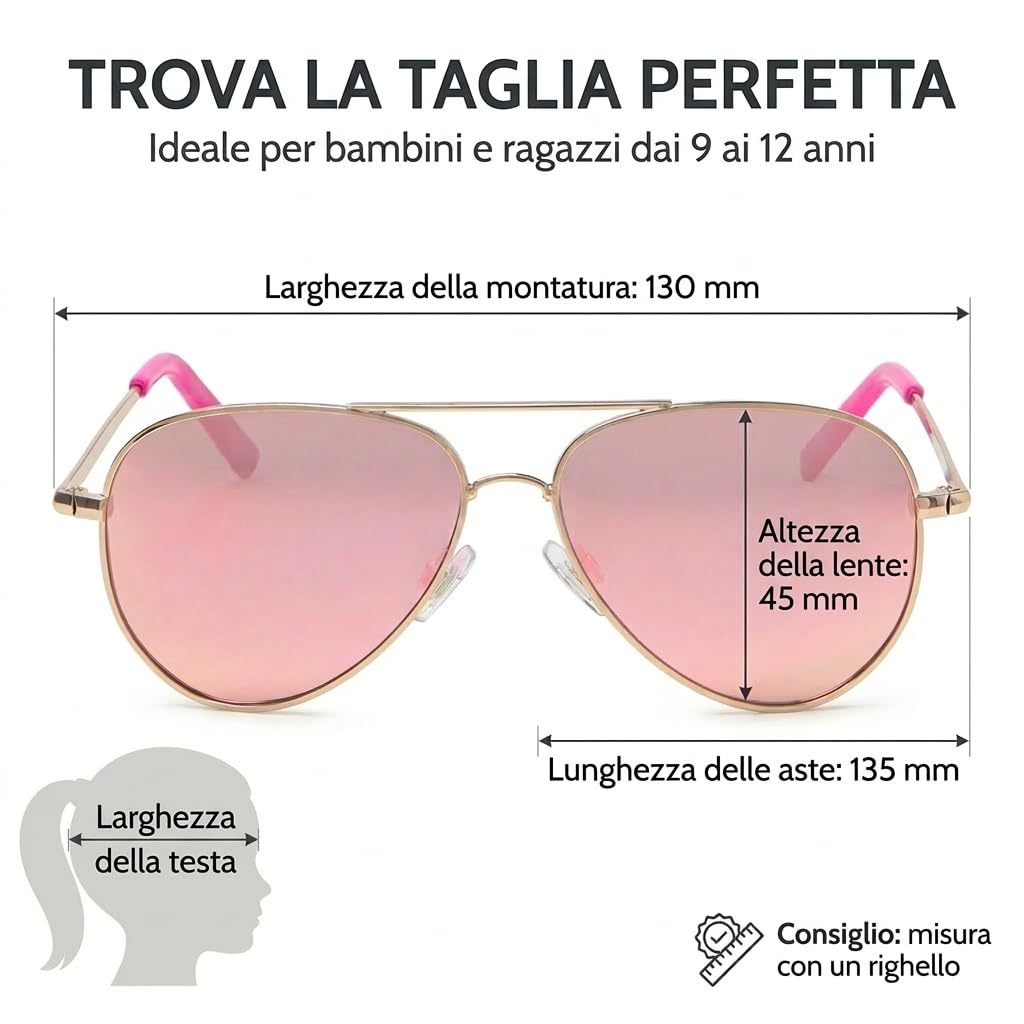Kiddus Occhiali da Sole Polarizzati Bambino Bambina 9 10 11 12 Anni, UV400 CAT3, Protezione Solare Junior, Montatura in Metallo Resistente, CE ISO REACH
