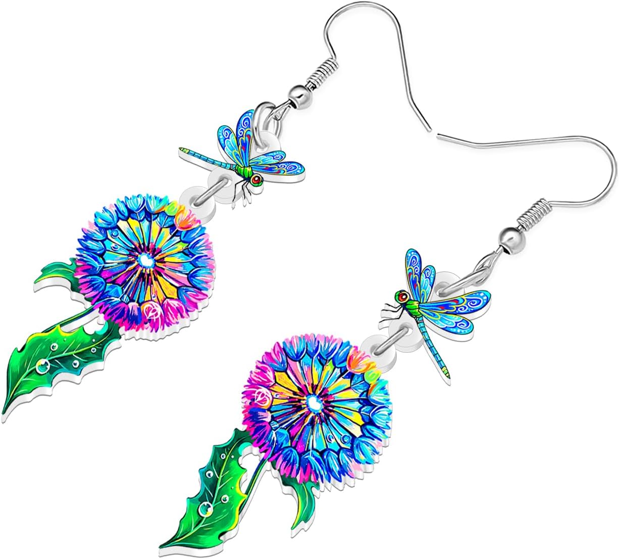 BONSNY Colorful Dragonfly Dandelion Flower Dangle Earrings, Whimsical Nature Inspired Statement Jewelry for Women,Blue Fun Hawaii Luau Party Summer Accessory image 3