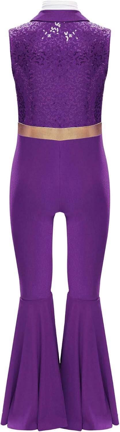 Kids Girls Sequin Jumpsuit Bell Bottom Bodysuit Gymnastics Full Body Leotard Jazz Dance Unitard with Scarf