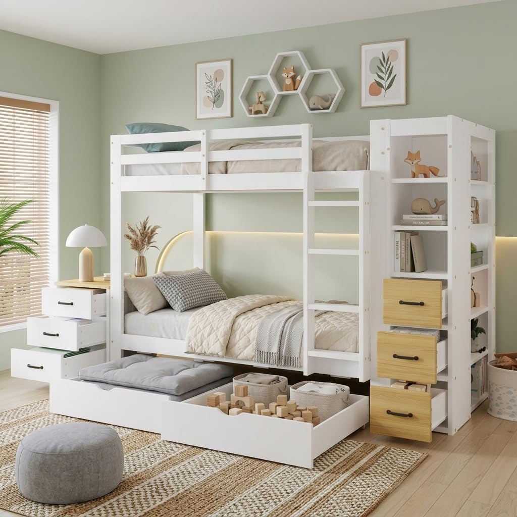 Letto a castello 90 x 200 cm, in legno, bianco e naturale, letto a castello con 2 cassetti, ripiano laterale, cassetti, scala e comodino posizionabile liberamente
