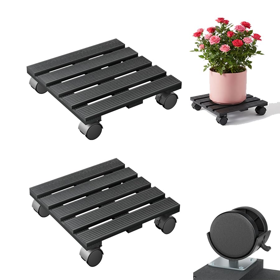 LARS360 2 x WPC Plant Roller, Plant Caddy 30×30cm, 100kg Load, Flower Roller with Wheels, Saucer, Rolling Board, Plants Pot Roller for Outdoor and Indoor Use - Square, Anthracite