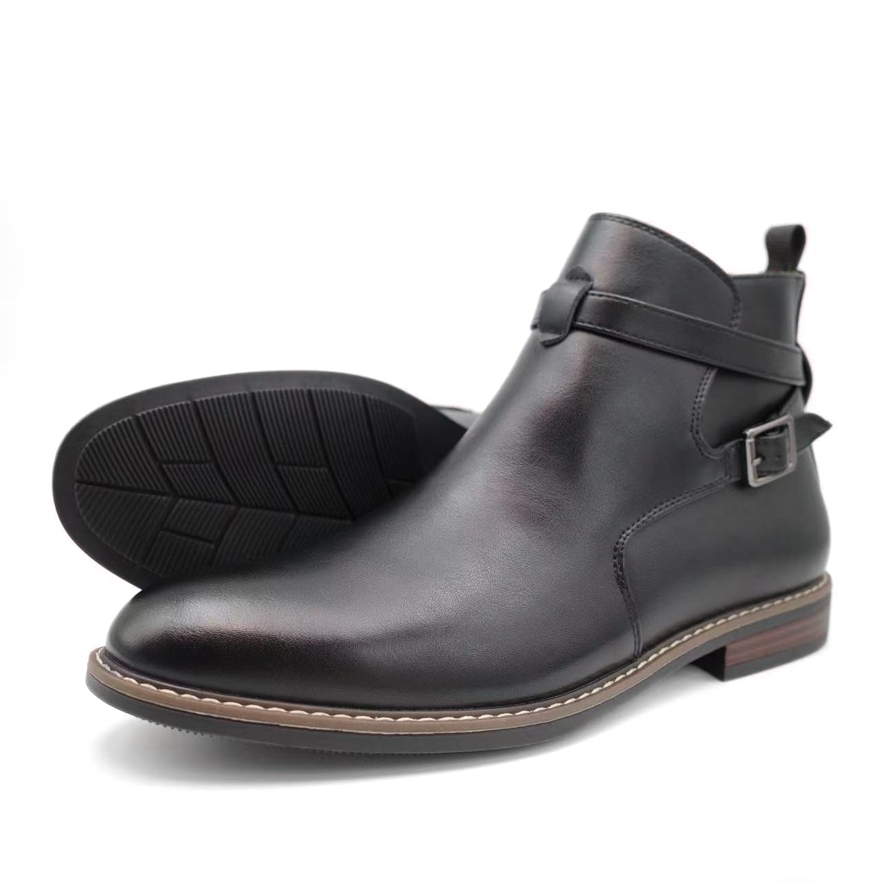 Finishing & Sewing Botines Chelsea para hombre de piel marrón con correa de hebilla