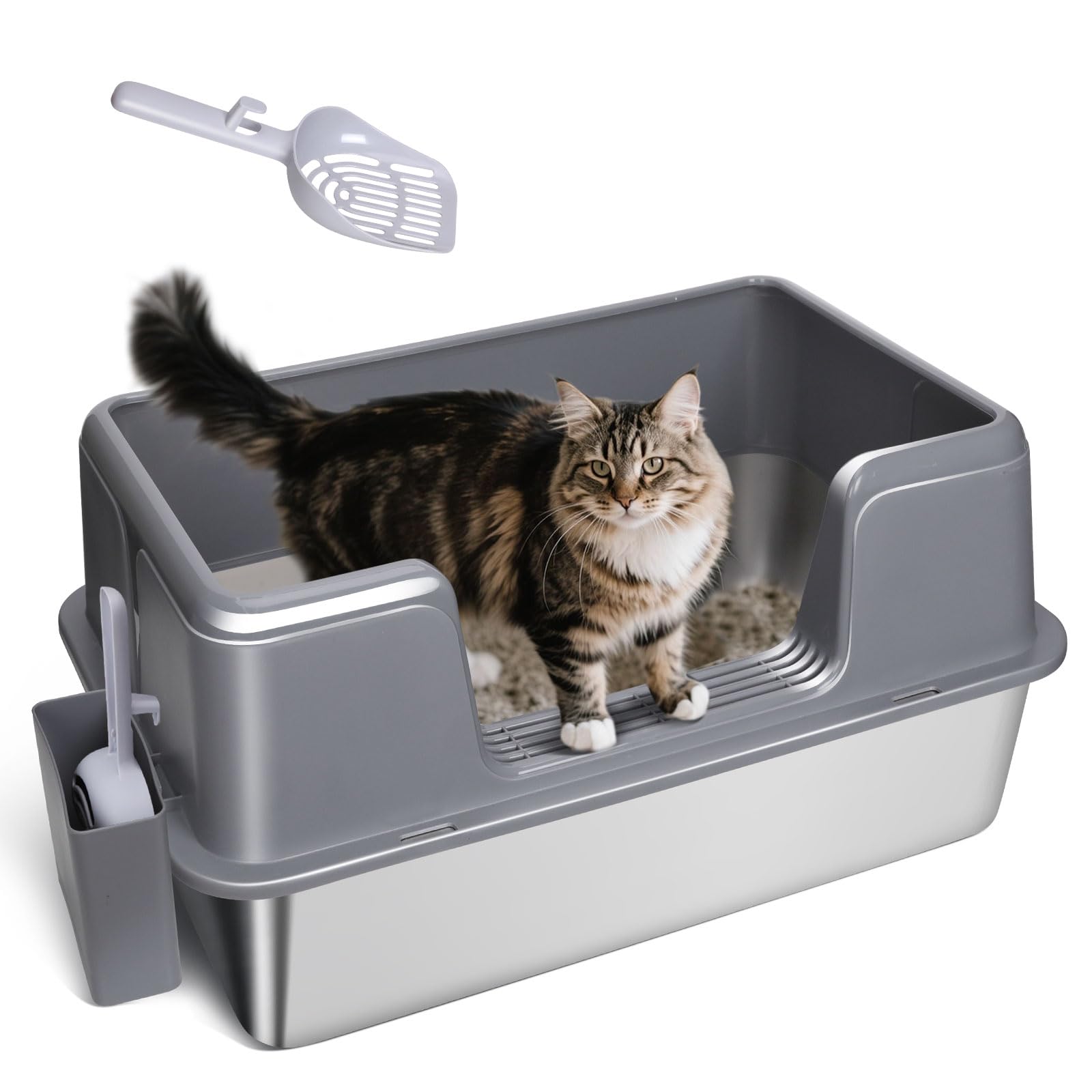 Bac à Litière en Acier Inoxydable, Masthome Grande Capacité, Anti-Renversement et Étanche, Litière Semi-fermée pour Chat avec Pelle et Tapis Inclus Design Moderne et Facile à Nettoyer