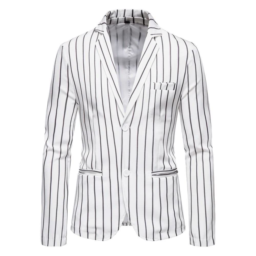 Sakko Herren Sportlich, Herren Blazer Anzugjacke Regular Fit Streifen Business Anzug Mantel Weiß Klassischer Sport Slim Fit Anzugjacke Moderne Freizeitjacke Hochzeitsfeier Smoking Dinner Jacket,L