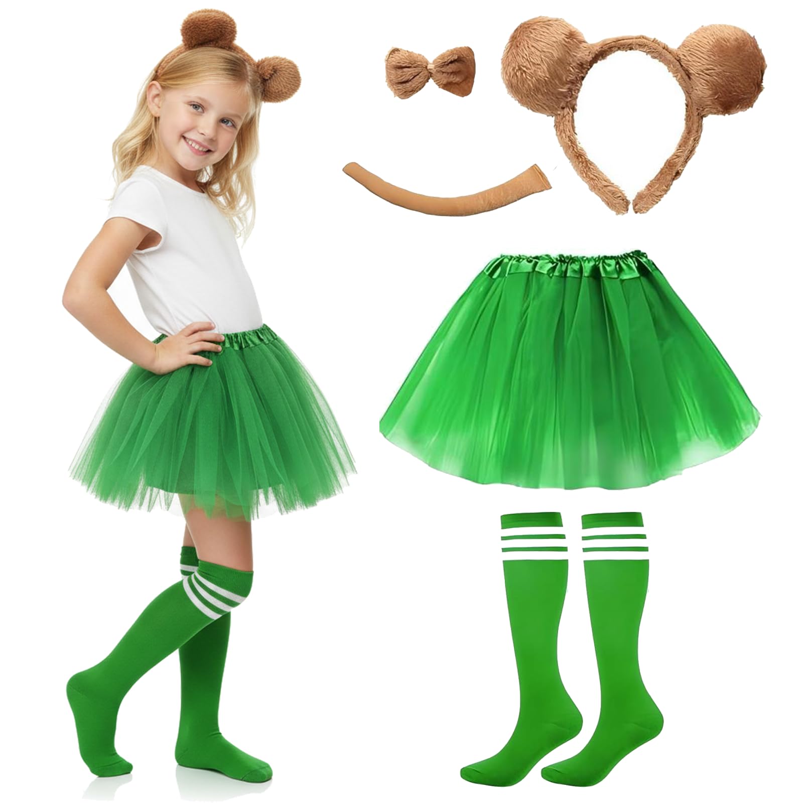 Gibocot 5 Pcs Kids Chipmunk Costume Set including Chipmunk Ears Headband Bowtie Tail Green Tutu Skirt Striped Socks
