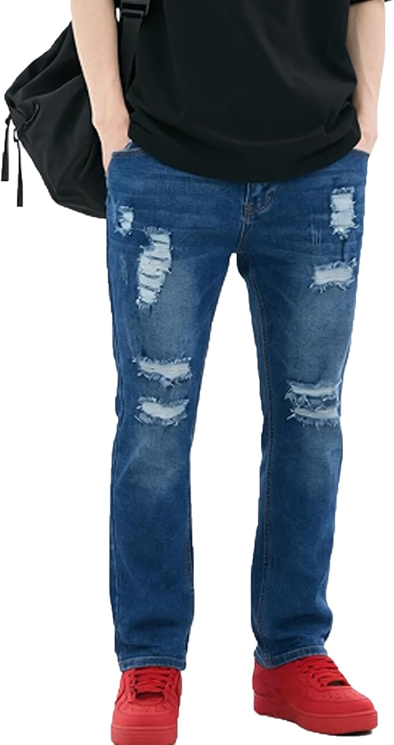 Boncun Men's Slim Fit Stretch Jeans – Comfort Flex Denim Destroyed Ripped Skinny Jeans Side Striped Denim Pants