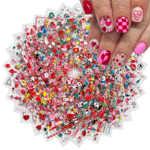 30 Sheets Heart Valentine Nail Art Stickers Decals 3D Self-Adhesive Pegatinas Uas Red Heart Nail Decals Red Lips Rose Nail Supplies for DIY Acrylic Nail Art Decoration for Women and Girls