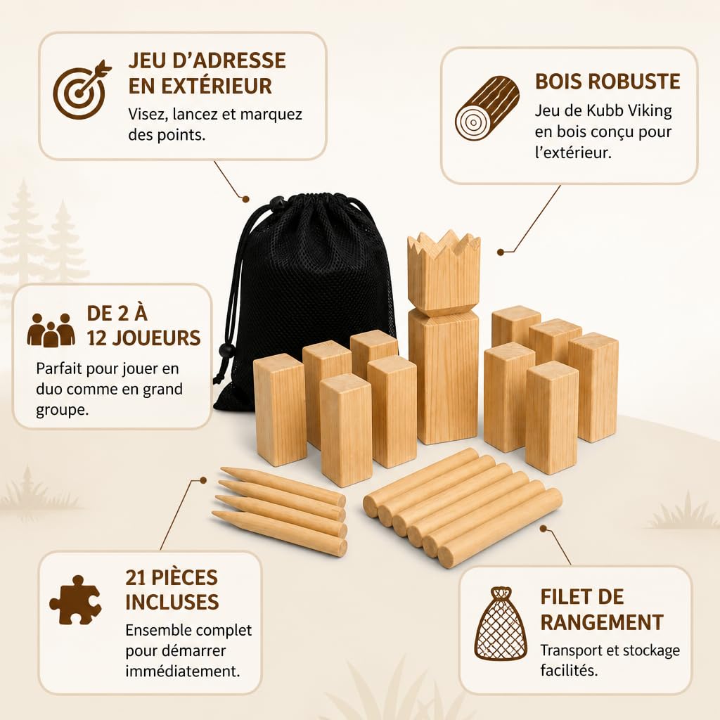 Jeu de Kubb Viking en Bois – 21 pièces – Jeu d’adresse d’extérieur pour Jardin – 2 à 12 Joueurs – Filet de Rangement Inclus