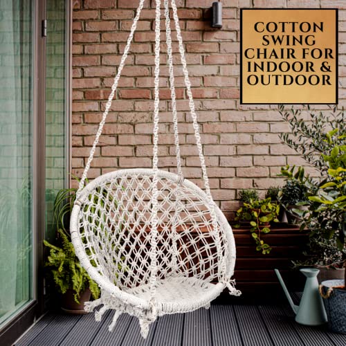 Image of Patiofy Cotton Netted Round Large Swing for Adults /Swing for Balcony /Swing Chair for Adults for Home /Hammock Swing for Adults /Swing Chair Wooden /Without Hanging Kit (120Kgs Weight Capacity- White)