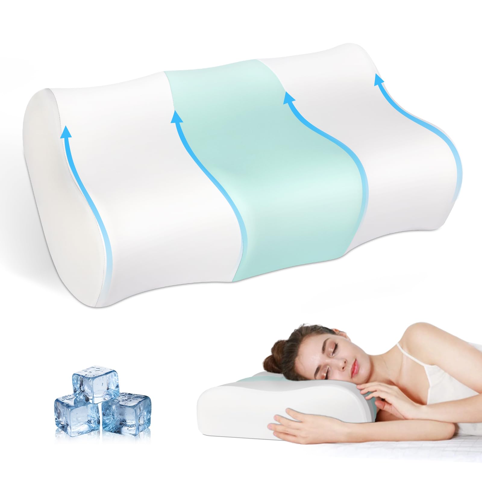 JINXIA Almohada de Espuma Viscoelástica Refrescante, Almohada Ergonómica Ortopédica de Contorno para Soporte para el Cuello, Almohada de Cama Cervical para Dormir de Lado/Espalda/Boca Abajo, Blanco